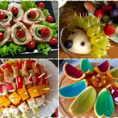 Kolorowe mini przekąski na imprezę: kanapeczki biedronki, jeżyk z owoców, szaszłyki warzywne i galaretki w pomarańczach.