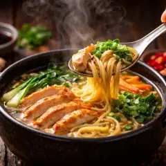 Parujący ramen z kurczakiem, makaronem i warzywami. To jest właśnie ramen, pyszne danie!