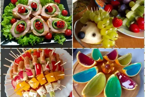 Kolorowe mini przekąski na imprezę: kanapeczki biedronki, jeżyk z owoców, szaszłyki warzywne i galaretki w pomarańczach.
