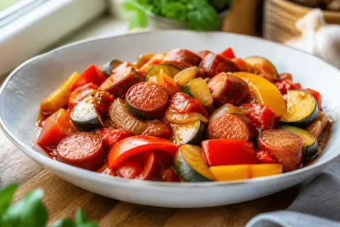 Pyszne leczo z kabaczka z kiełbasą i kolorowymi paprykami, podane w białej misce na drewnianym blacie.