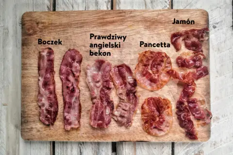 Na desce leżą różne rodzaje bekonu: boczek, prawdziwy angielski bekon, pancetta i jamón.