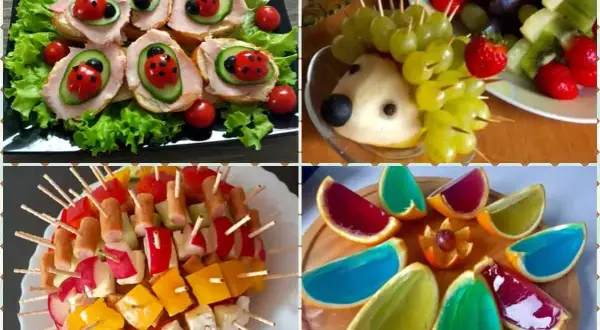 Kolorowe mini przekąski na imprezę: kanapeczki biedronki, jeżyk z owoców, szaszłyki warzywne i galaretki w pomarańczach.
