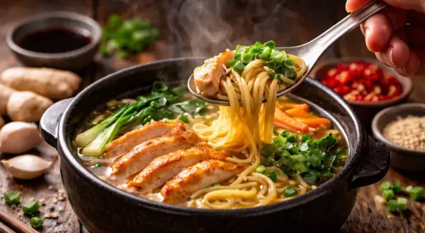 Parujący ramen z kurczakiem, makaronem i warzywami. To jest właśnie ramen, pyszne danie!