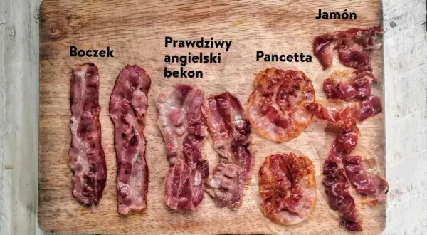 Na desce leżą różne rodzaje bekonu: boczek, prawdziwy angielski bekon, pancetta i jamón.