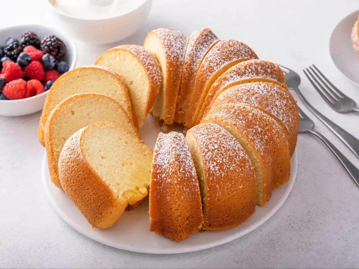 Wilgotna babka piaskowa, oprószona cukrem pudrem, prezentuje się apetycznie obok miseczki z jagodami i malinami.