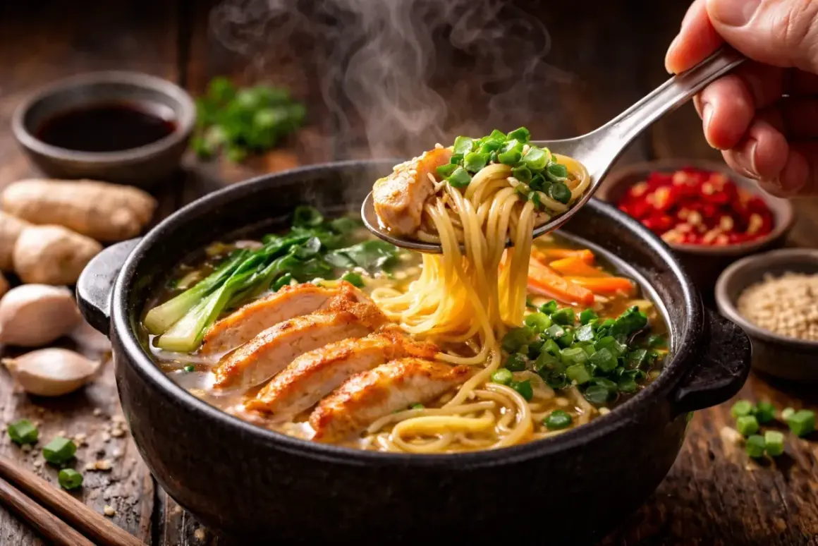 Parujący ramen z kurczakiem, makaronem i warzywami. To jest właśnie ramen, pyszne danie!
