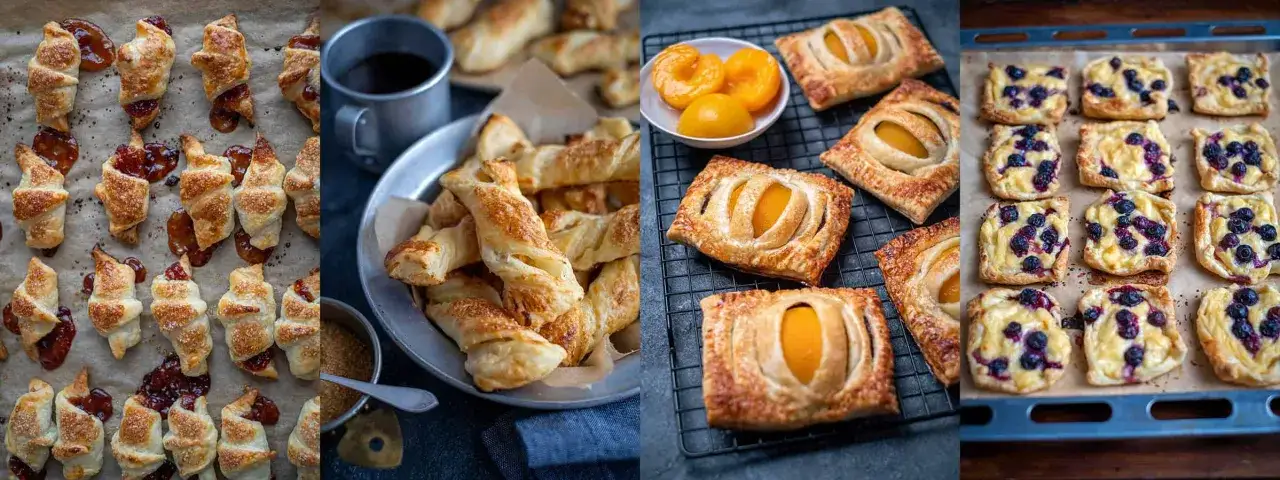 Słodkie wypieki z ciasta francuskiego: rogaliki z dżemem, paluchy, brzoskwiniowe kwadraty i tartaletki z jagodami. Ile piec ciasto francuskie? Zależy od przepisu!