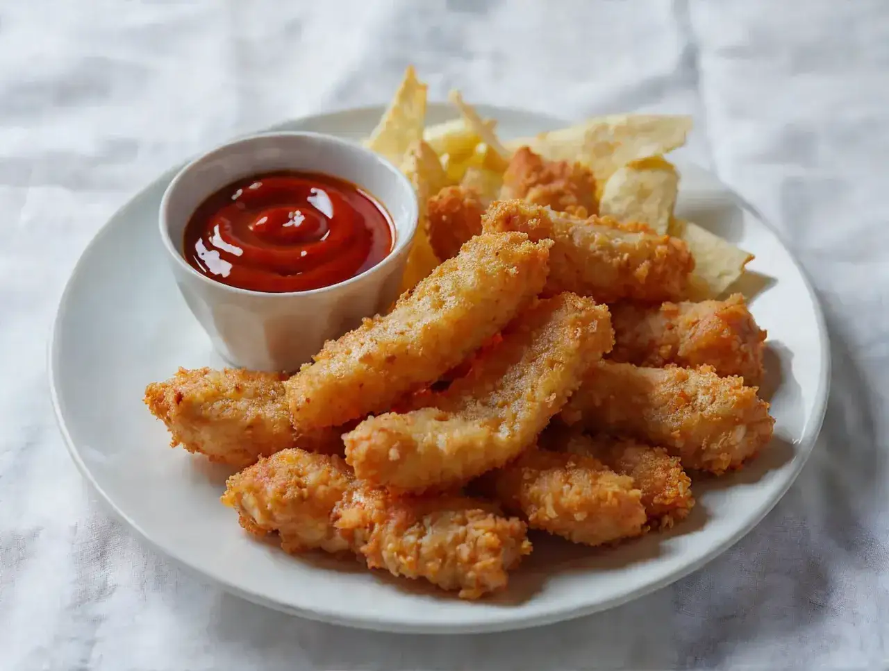 Chrupiące stripsy z kurczaka z sosem ketchup i chipsami. Idealna przekąska na imprezę.