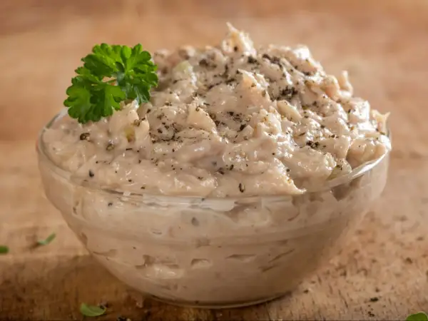 Kremowa pasta z tuńczyka i jajka, doprawiona pieprzem, udekorowana natką pietruszki. Idealna na kanapki.