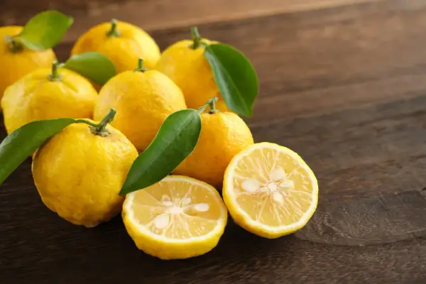 Kilka żółtych owoców yuzu, jeden przekrojony na pół, leży na drewnianym blacie.