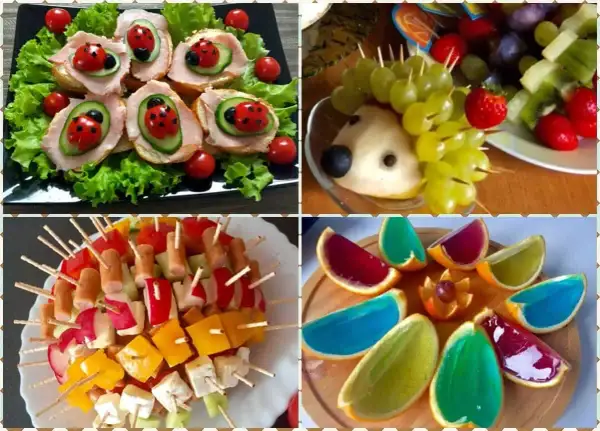 Kolorowe mini przekąski na imprezę: kanapeczki biedronki, jeżyk z owoców, szaszłyki warzywne i galaretki w pomarańczach.