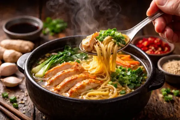 Parujący ramen z kurczakiem, makaronem i warzywami. To jest właśnie ramen, pyszne danie!