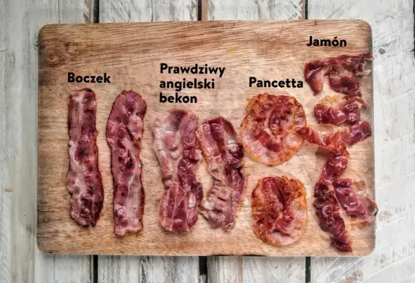 Na desce leżą różne rodzaje bekonu: boczek, prawdziwy angielski bekon, pancetta i jamón.